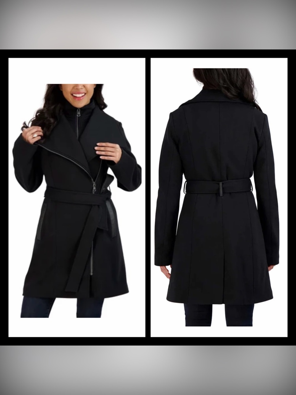 TWO By VINCE CAMUTO Black Belted Leather Trim Knit Coat
